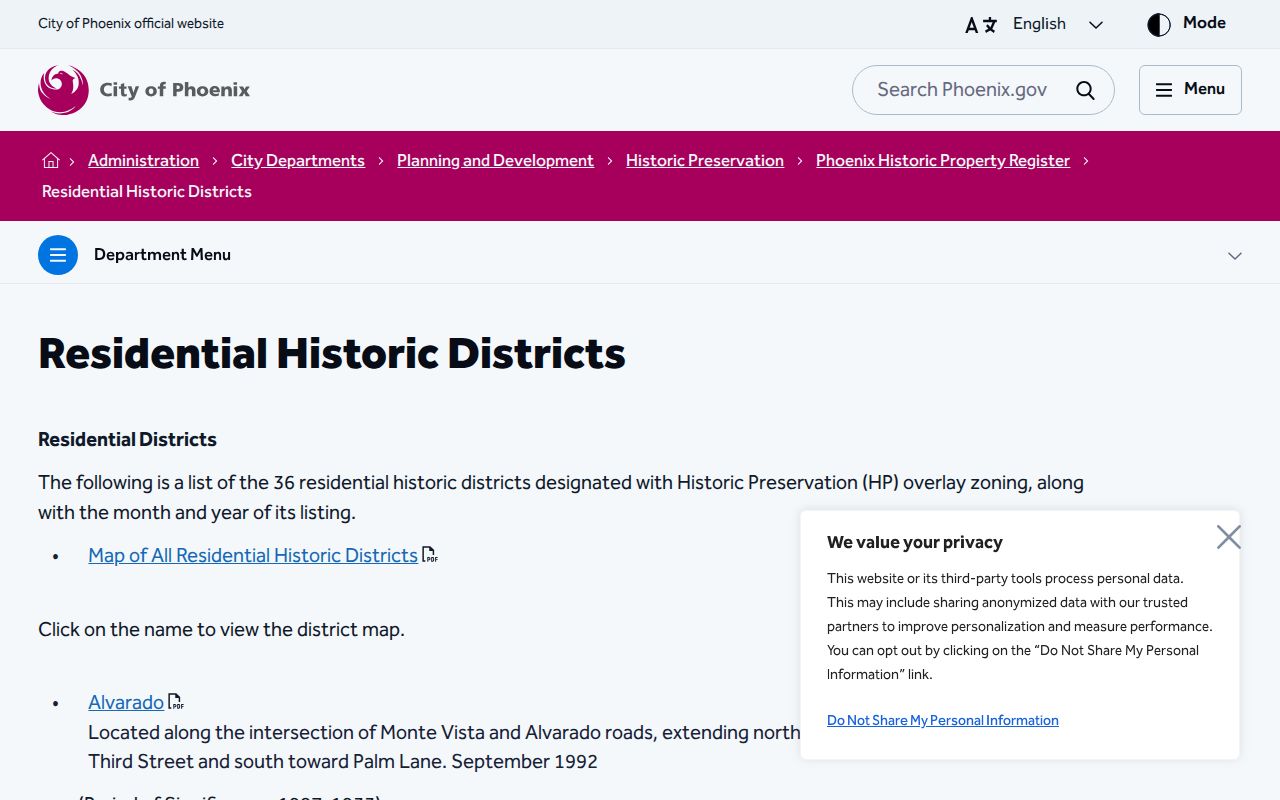 Maricopa County neighbors Phoenix historic district inventory