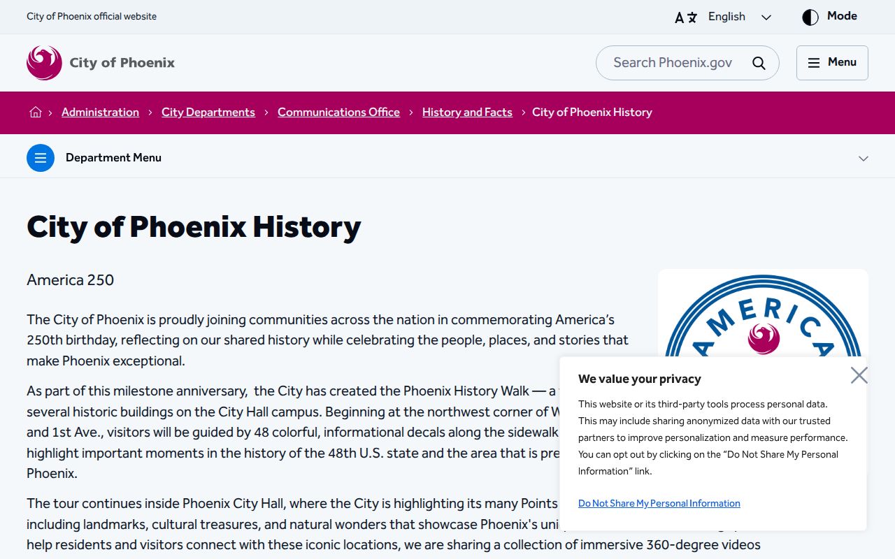 Maricopa County previous residents official Phoenix history context