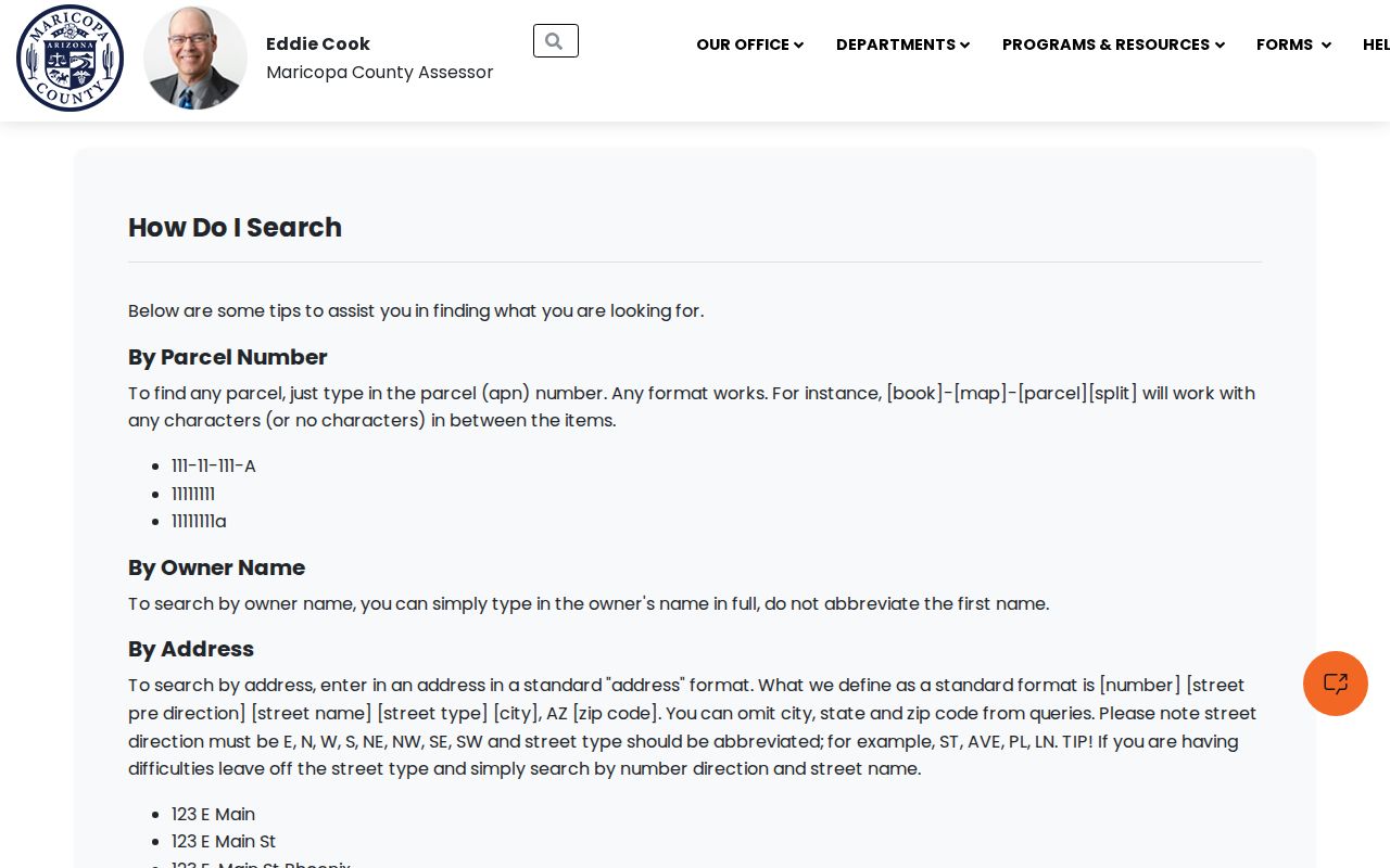 Maricopa County street directory Assessor address search help
